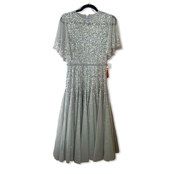 Mac Duggal #93655 Cape Sleeve Beaded Tea Length Dress blue Sz 4 NWT $598 - Picture 8 of 16